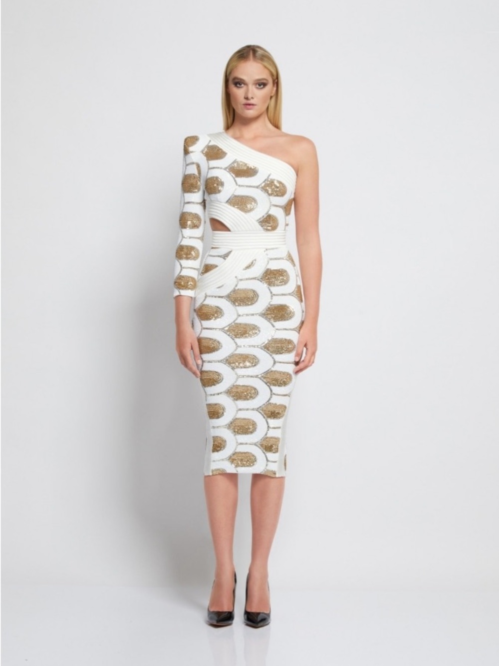 One-Shoulder White and Gold Sequin Midi Dress